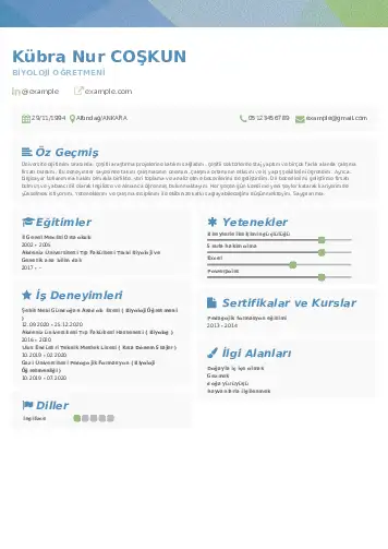 Biyoloji Öğretmeni CV Örnekleri cv indir